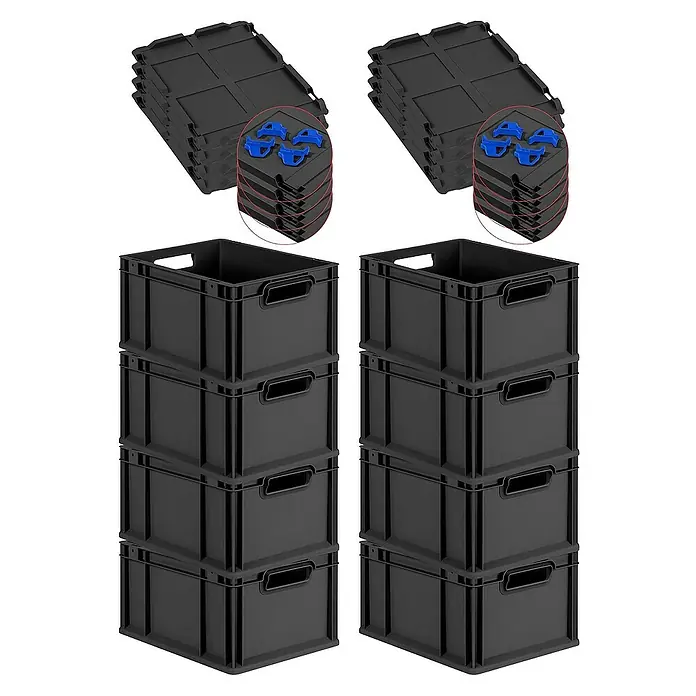 Proregal Euroboxen-Set 8x Eurobox NextGen Grip mit Auflagedeckel inkl. 4 blauen Verschlüssen - L x B x H: 40 x 30 x 22 cm, Kunststoff, Schwarz, 8 Stk. - Schwarze stapelbare Lagerboxen und passende Deckel mit blauen Clips für zusätzlichen Halt. Ideal zur Aufbewahrung.