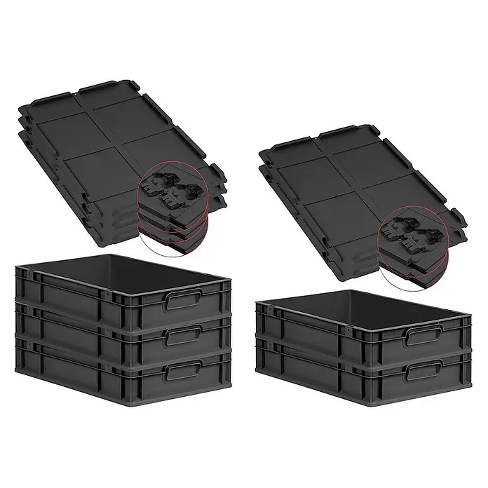 Proregal Euroboxen-Set 5x Eurobox NextGen Grip mit Scharnierdeckel und schwarzen Verschlüssen - L x B x H: 60 x 40 x 12 cm, Kunststoff, Schwarz, 5 Stk. - Graue Kunststoffbehälter und graue Deckel zur Aufbewahrung, stapelbar und robust für vielfältige Anwendungen.