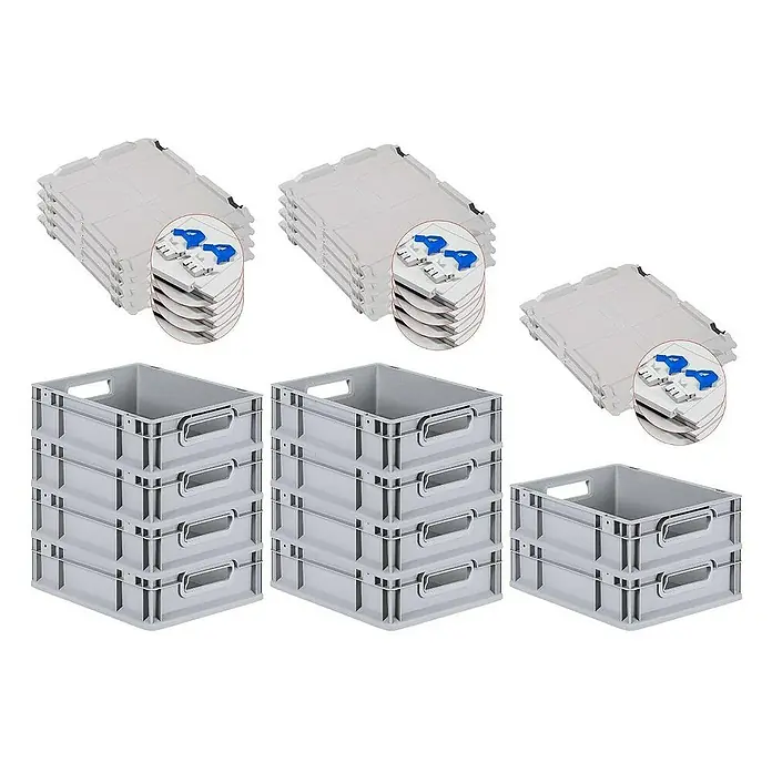 Proregal Euroboxen-Set 10x Eurobox NextGen Economy mit Scharnierdeckel und blauen Verschlüssen - L x B x H: 40 x 30 x 12 cm, Kunststoff, Grau, 10 Stk. - Das Bild zeigt graue Lagerboxen mit Deckel, die sich ideal für die Organisation und Aufbewahrung von Gegenständen eignen.