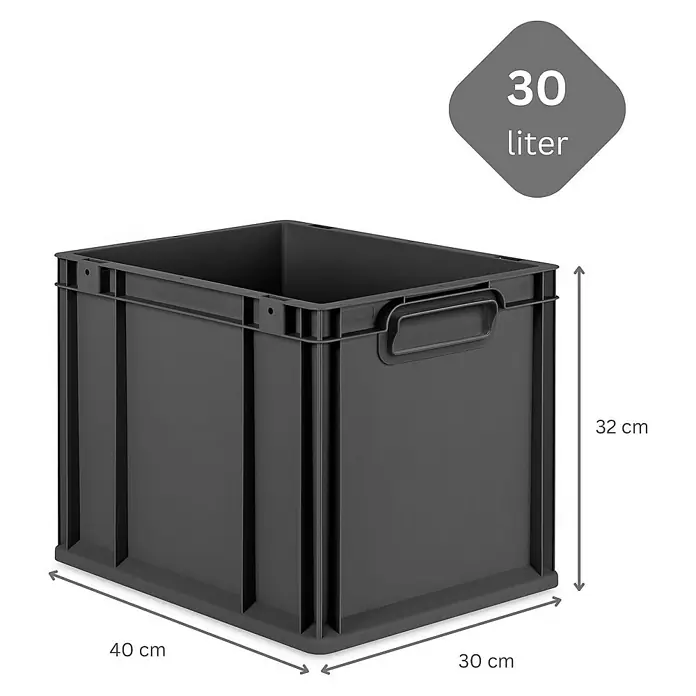 Proregal Euroboxen-Set 4x Eurobox NextGen Grip mit Scharnierdeckel und schwarzen Verschlüssen - Kunststoff, Schwarz, 4 Stk. - Schwarze 30-Liter-Kunststoffbox mit den Maßen 40 cm x 30 cm x 32 cm, ideal für Lagerung und Transport.
