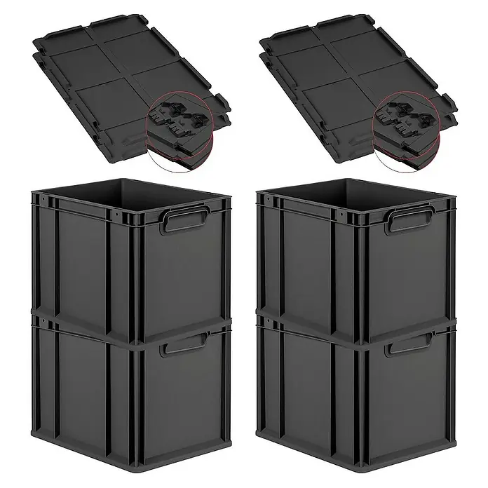 Proregal Euroboxen-Set 4x Eurobox NextGen Grip mit Scharnierdeckel und schwarzen Verschlüssen - Kunststoff, Schwarz, 4 Stk. - Das Bild zeigt zwei Stapel von schwarzen Kunststoffboxen mit Deckeln. Die Boxen sind leer und zur Aufbewahrung verschiedener Gegenstände gedacht.