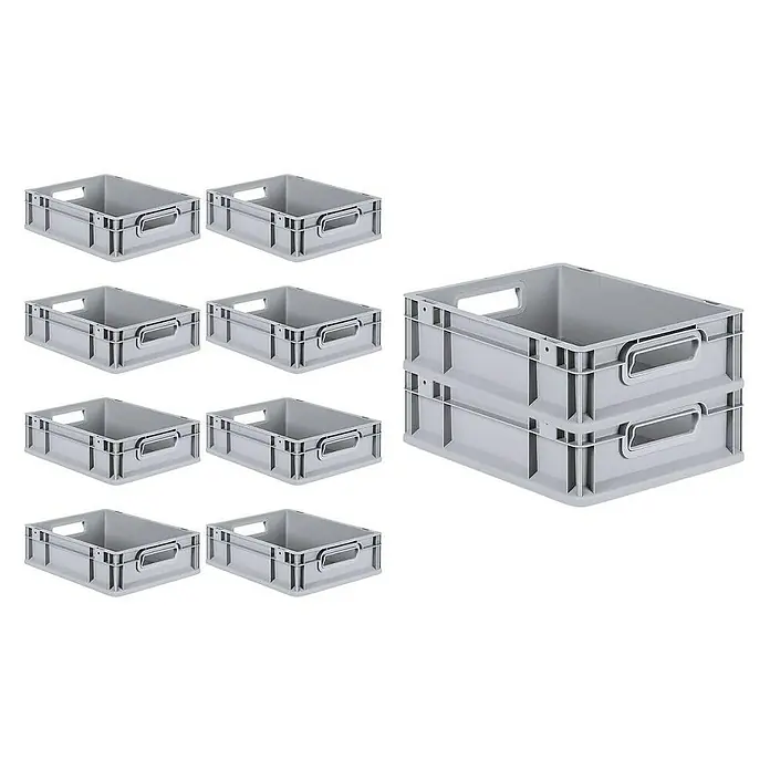 Proregal Euroboxen-Set 10x Eurobox NextGen Economy mit Scharnierdeckel und grünen Verschlüssen - L x B x H: 40 x 30 x 12 cm, Kunststoff, Grau, 10 Stk. - Acht einzelne graue Lagerkisten aus Kunststoff sind neben zwei gestapelten Kisten aufgereiht, perfekt für Lagerung und Organisation.