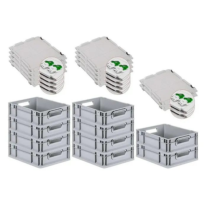 Proregal Euroboxen-Set 10x Eurobox NextGen Economy mit Scharnierdeckel und grünen Verschlüssen - L x B x H: 40 x 30 x 12 cm, Kunststoff, Grau, 10 Stk. - Bild von grauen Lagerboxen und Deckeln. Diese praktischen Boxen mit Deckel sind ideal für Lagerung und Organisation in Werkstatt oder Lager.