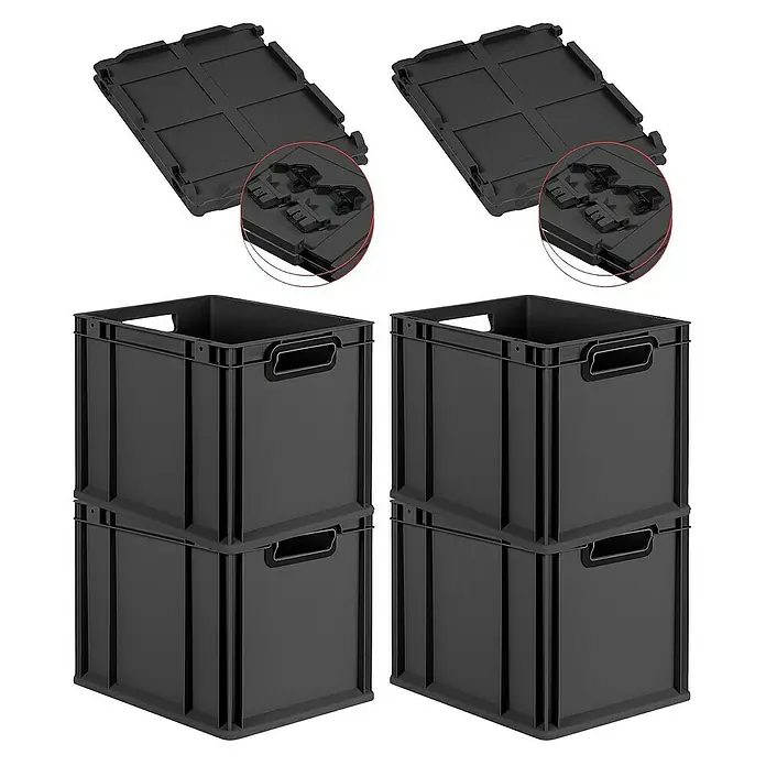 Proregal Euroboxen-Set 4x Eurobox NextGen Color mit Scharnierdeckel und Verschlüssen - Kunststoff, Schwarz, Schwarz, 4 Stk. - Zwei schwarze Deckel und vier schwarze Kunststoffboxen. Sie sind robust und stapelbar und für die Lagerung und den Transport von Gegenständen konzipiert.