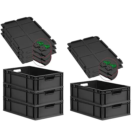 SuperSparSet 5x Eurobox NextGen Grip mit Scharnierdeckel und grünen Schiebeschnappverschlüssen | HxBxT 17x40x60cm | 34 Liter | Schwarz | Griffe offen | Eurobehälter, Transportbox, Transportbehälter, Stapelbehälter