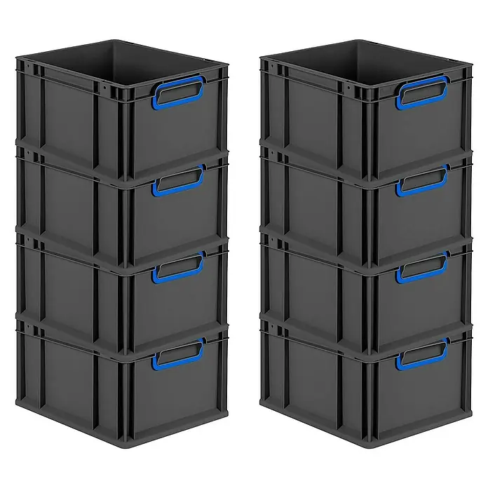 Proregal Euroboxen-Set 8x Eurobox NextGen Color - L x B x H: 40 x 30 x 22 cm, Kunststoff, Schwarz, Blau, 8 Stk. - Zwei Stapel von vier grauen Kunststoffboxen mit blauen Griffen, ideal für Lagerung und Organisation.