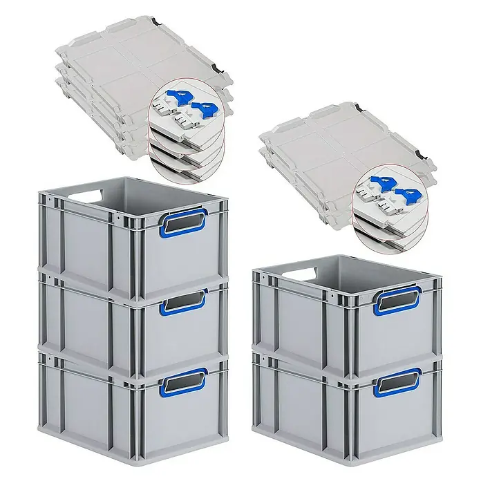 Proregal Euroboxen-Set 5x Eurobox NextGen Color mit Scharnierdeckel und Verschlüssen - L x B x H: 40 x 30 x 22 cm, Kunststoff, Grau, Blau, 5 Stk. - Graue Kunststoffboxen mit blauen Griffen und passenden Deckeln im Stapel, ideal für Lagerung und Transport.