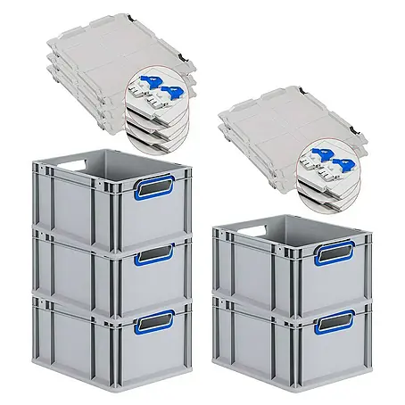 SuperSparSet 5x Eurobox NextGen Color mit Scharnierdeckel und Schiebeschnappverschlüssen | HxBxT 22x30x40cm | 20 Liter | Grau | Griffe blau offen | Glatter Boden | Eurobehälter, Transportbox, Transportbehälter, Stapelbehälter