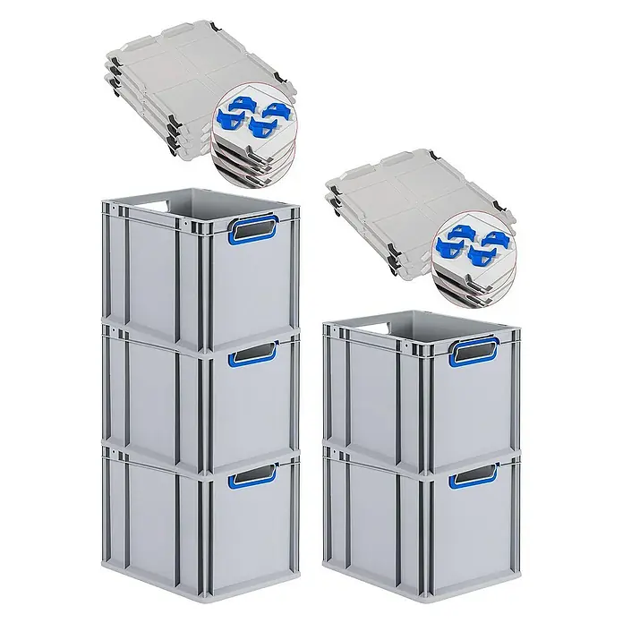 Proregal Euroboxen-Set 5x Eurobox NextGen Color mit Auflagedeckel und Schiebeschnappverschlüsse - L x B x H: 40 x 30 x 32 cm, Kunststoff, Grau, Blau, 5 Stk. - Hier sind Lagerboxen mit Deckel und Schnappverschlüssen. Diese robusten Boxen sind ideal für die Lagerung und Organisation verschiedener Gegenstände.