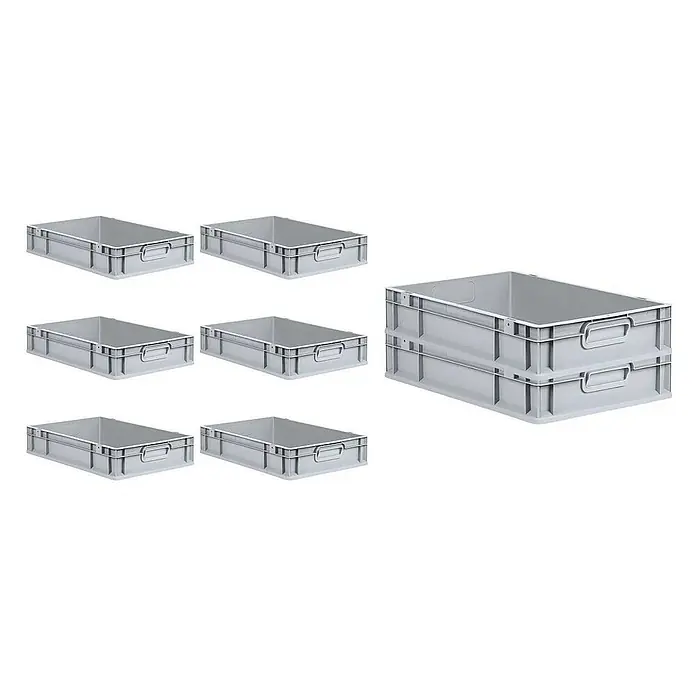 Proregal Euroboxen-Set 8x Eurobox NextGen Grip mit Scharnierdeckel und blauen Verschlüssen - L x B x H: 60 x 40 x 12 cm, Kunststoff, Grau, 8 Stk. - Sieben graue Kunststoffbehälter, davon zwei gestapelt, ideal für Lagerung und Transport. Robuste, praktische Lösungen für Ordnung.