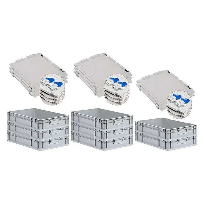 Proregal Euroboxen-Set 8x Eurobox NextGen Grip mit Scharnierdeckel und blauen Verschlüssen - L x B x H: 60 x 40 x 12 cm, Kunststoff, Grau, 8 Stk. - Graue Eurobehälter und Deckel im Stapel. Robuste Kunststoffboxen und Abdeckungen für Lagerung und Transport, ideal für Industrie und Gewerbe.