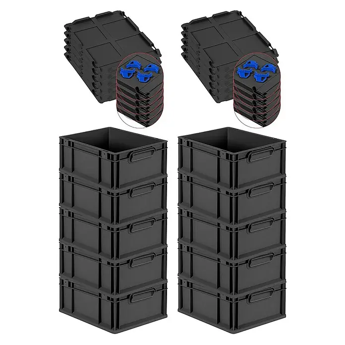 Proregal Euroboxen-Set 10x Eurobox NextGen Grip mit Auflagedeckel inkl. 4 blauen Verschlüssen - L x B x H: 40 x 30 x 17 cm, Kunststoff, Schwarz, 10 Stk. - Abbildung eines Stapels schwarzer Kunststoffboxen und Deckel mit blauen Clips zur sicheren Aufbewahrung und Organisation.