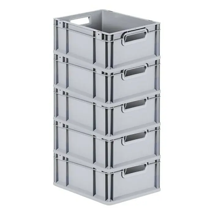 Proregal Euroboxen-Set 5x Eurobox NextGen Economy mit Scharnierdeckel und schwarzen Verschlüssen - L x B x H: 40 x 30 x 17 cm, Kunststoff, Grau, 5 Stk. - Ein Stapel grauer Kunststoffbehälter, die sich ideal zur Lagerung eignen und über praktische Griffe für einfachen Transport verfügen.