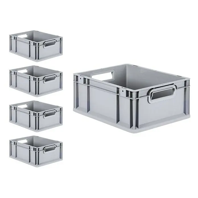 Proregal Euroboxen-Set 5x Eurobox NextGen Economy mit Scharnierdeckel und schwarzen Verschlüssen - L x B x H: 40 x 30 x 17 cm, Kunststoff, Grau, 5 Stk. - Ein Stapel von fünf grauen Kunststoffkisten mit Griffen, ideal für Lagerung und Organisation von Gegenständen im Haushalt oder im Gewerbe.