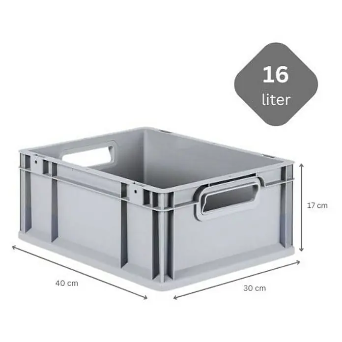 Proregal Euroboxen-Set 5x Eurobox NextGen Economy mit Scharnierdeckel und schwarzen Verschlüssen - L x B x H: 40 x 30 x 17 cm, Kunststoff, Grau, 5 Stk. - Graue 16-Liter-Kunststoffbox mit Griffen und Abmessungen (40x30x17 cm) für Lagerung und Transport.