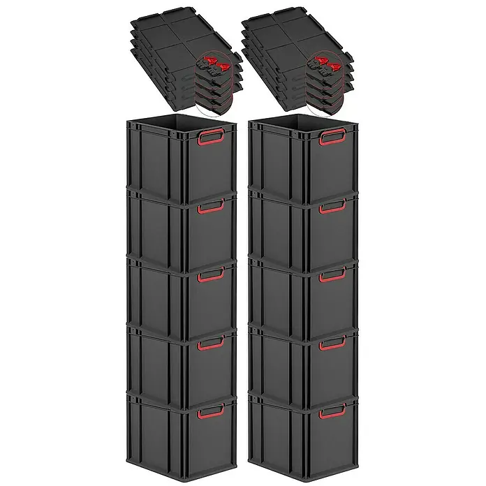 Proregal Euroboxen-Set 10x Eurobox NextGen Color mit Scharnierdeckel und Verschlüssen - L x B x H: 40 x 30 x 32 cm, Kunststoff, Schwarz, Rot, 10 Stk. - Bild von schwarzen Aufbewahrungsboxen mit roten Griffen und Deckeln, ideal für die Organisation.