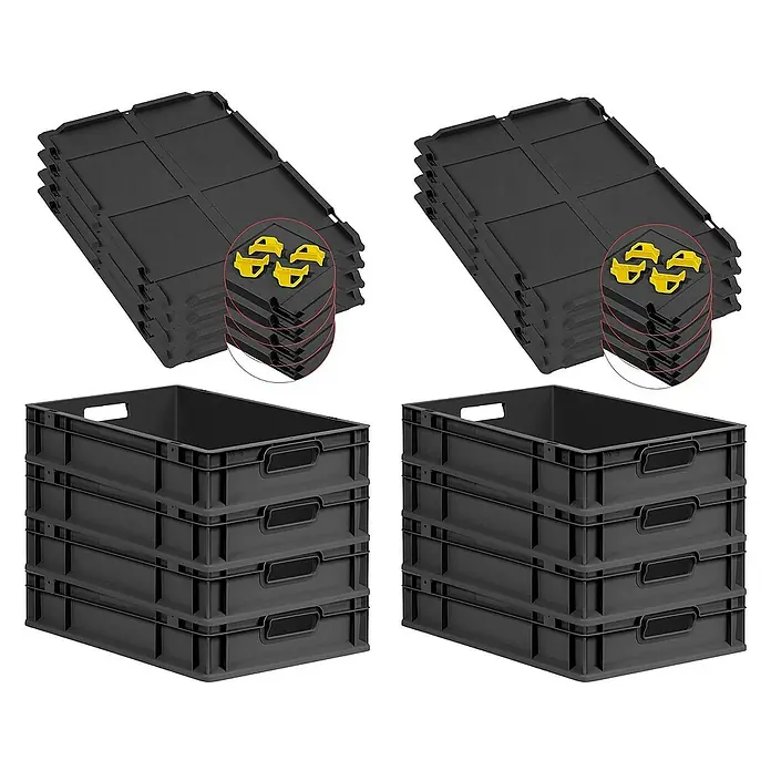 Proregal Euroboxen-Set 8x Eurobox NextGen Grip mit Auflagedeckel inkl. 4 gelben Verschlüssen - L x B x H: 60 x 40 x 12 cm, Kunststoff, Schwarz, 8 Stk. - Schwarze Kunststoffboxen und -deckel. Diese stabilen Behälter sind ideal für Lagerung & Transport.