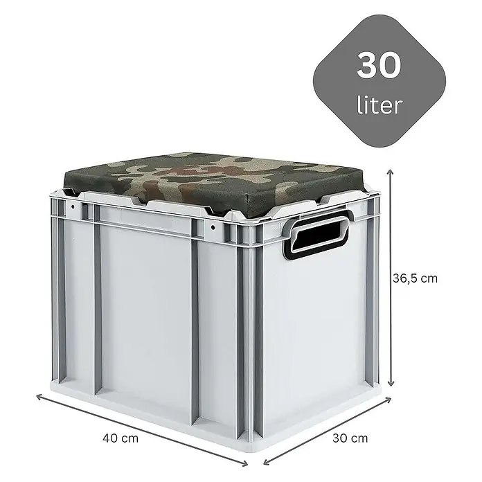 Proregal Euroboxen-Set 4x Eurobox NextGen Seat Box Camouflage - L x B x H: 40 x 30 x 36,5 cm, Kunststoff, Grau, Camouflage, 4 Stk. - Abgebildete, vielseitig einsetzbare Eurobox mit camo Sitzkissenauflage. Perfekt für Ordnung und zusätzlichen Komfort mit 30 Liter Fassungsvermögen.