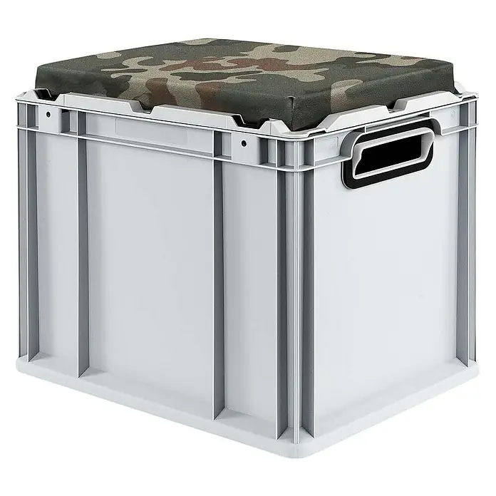 Proregal Euroboxen-Set 4x Eurobox NextGen Seat Box Camouflage - L x B x H: 40 x 30 x 36,5 cm, Kunststoff, Grau, Camouflage, 4 Stk. - Weisse Kunststoffbox mit camouflagefarbenem Kissen, ideal zur Aufbewahrung oder als Sitzgelegenheit.