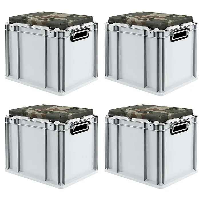 Proregal Euroboxen-Set 4x Eurobox NextGen Seat Box Camouflage - L x B x H: 40 x 30 x 36,5 cm, Kunststoff, Grau, Camouflage, 4 Stk. - Vier weiße Aufbewahrungsboxen mit Tarnmusterkissen aufgereiht, die eine praktische und stilvolle Aufbewahrungslösung bieten.