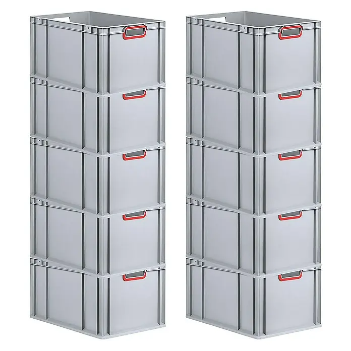 Proregal Euroboxen-Set 10x Eurobox NextGen Color - L x B x H: 60 x 40 x 32 cm, Kunststoff, Grau, Rot, 10 Stk. - Zwei Stapel grauer Lagerkisten aus Kunststoff mit roten Griffen, die Ordnung und Stauraum in jedem Raum schaffen.