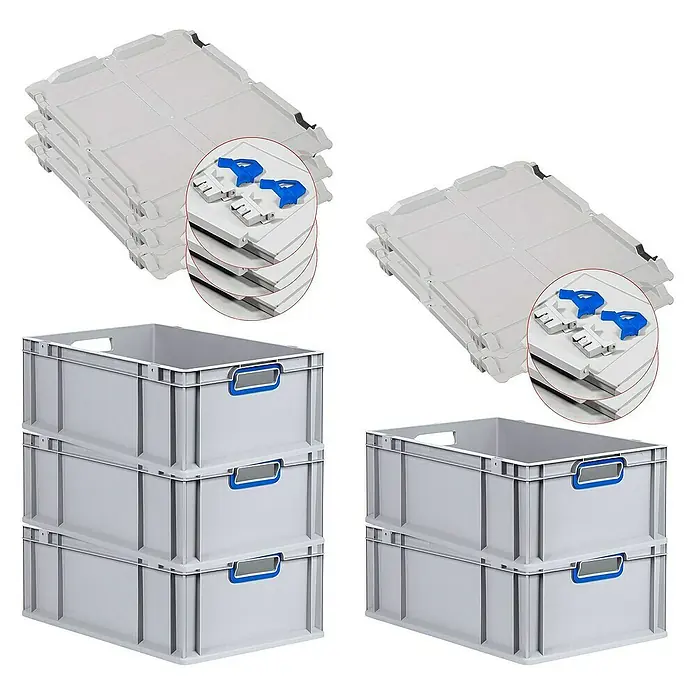 Proregal Euroboxen-Set 5x Eurobox NextGen Color mit Scharnierdeckel und Verschlüssen - L x B x H: 60 x 40 x 22 cm, Kunststoff, Grau, Blau, 5 Stk. - Bild von grauen Eurobehältern und Deckeln mit blauen Details, gestapelt, für Lagerung und Transport.