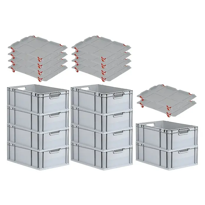 Proregal Euroboxen-Set 10x Eurobox NextGen Grip mit Auflagedeckel inkl. 4 roten Verschlüssen - L x B x H: 60 x 40 x 22 cm, Kunststoff, Grau, 10 Stk. - Das Bild zeigt graue Lagerboxen und dazugehörige Deckel. Die Boxen sind gestapelt und die Deckel liegen separat daneben.
