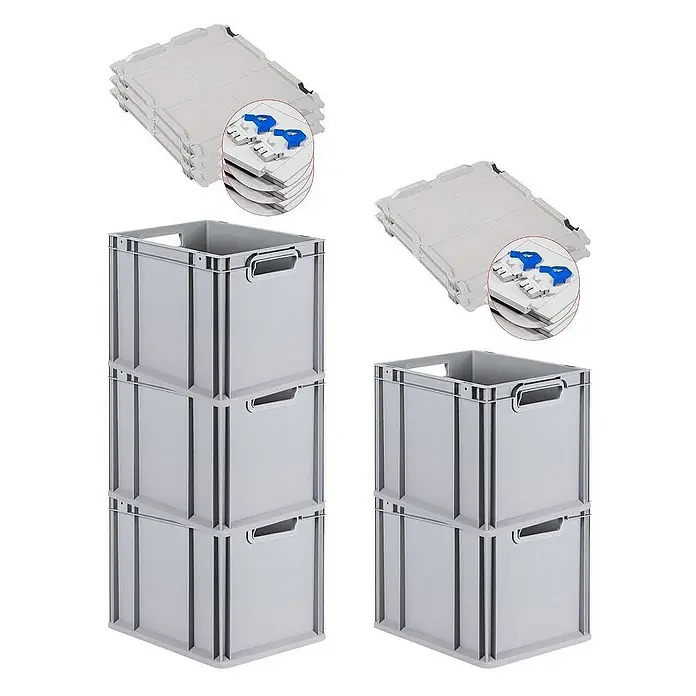 Proregal Euroboxen-Set 5x Eurobox NextGen Grip mit Scharnierdeckel und blauen Verschlüssen - Kunststoff, Grau, 5 Stk. - Stapelbare Kunststoffboxen und flache Deckel zur Aufbewahrung.