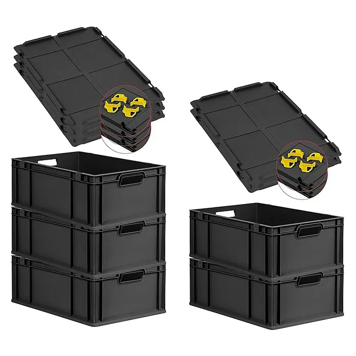 Proregal Euroboxen-Set 5x Eurobox NextGen Grip mit Auflagedeckel inkl. 4 gelben Verschlüssen - L x B x H: 60 x 40 x 22 cm, Kunststoff, Schwarz, 5 Stk. - Drei schwarze Lagerkisten und zwei Stapel schwarzer Deckel mit gelben Sicherungsklammern.