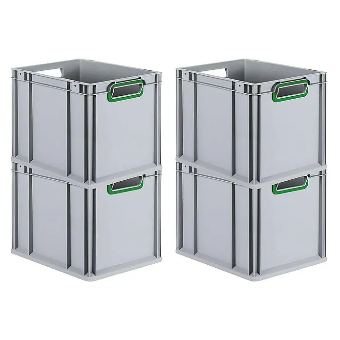 Proregal Euroboxen-Set 4x Eurobox NextGen Color - L x B x H: 40 x 30 x 32 cm, Kunststoff, Grau, Grün, 4 Stk. - Zwei Stapel von grauen Kunststoffbehältern mit grünen Griffen, die sich ideal für Lagerung und Organisation eignen.
