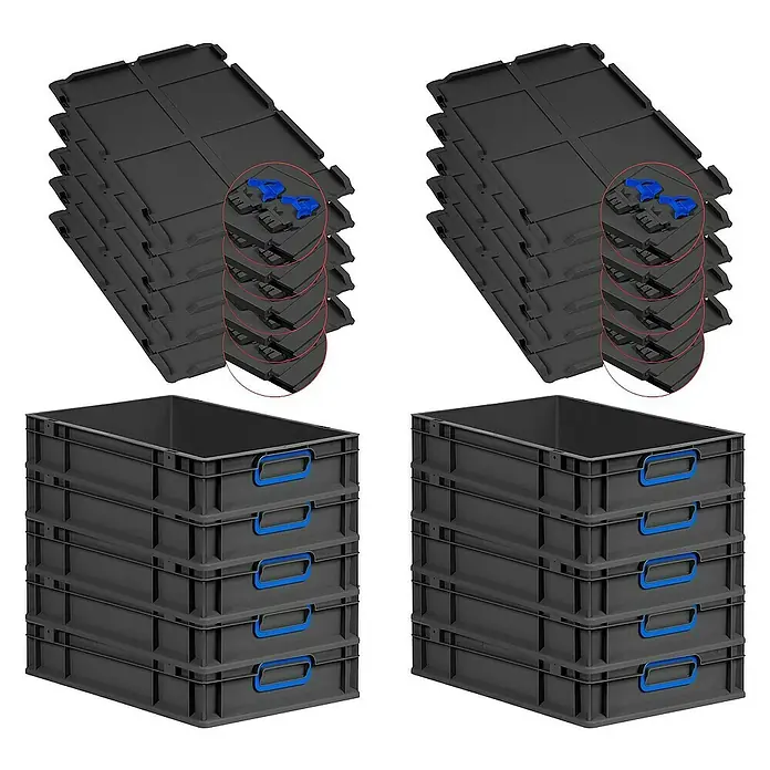 Proregal Euroboxen-Set 10x Eurobox NextGen Color mit Scharnierdeckel und Verschlüssen - L x B x H: 60 x 40 x 12 cm, Kunststoff, Schwarz, Blau, 10 Stk. - Produktfoto von schwarzen Lagerkisten und Deckeln, ideal für die Organisation. Robuste Bauweise für den vielseitigen Einsatz.