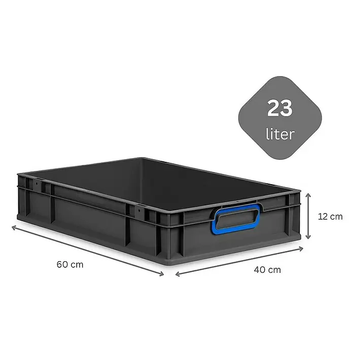 Proregal Euroboxen-Set 10x Eurobox NextGen Color mit Scharnierdeckel und Verschlüssen - L x B x H: 60 x 40 x 12 cm, Kunststoff, Schwarz, Blau, 10 Stk. - Graue Kunststoffbox mit blauen Griffen und Maßangaben (60x40x12 cm), geeignet für 23 Liter Lagerkapazität, ideal für Organisation.