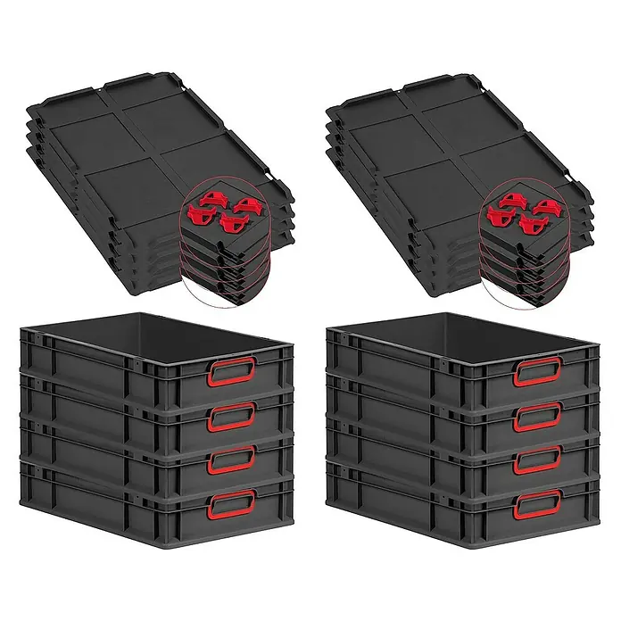 Proregal Euroboxen-Set 8x Eurobox NextGen Color mit Auflagedeckel und Schiebeschnappverschlüsse - L x B x H: 60 x 40 x 12 cm, Kunststoff, Schwarz, Rot, 8 Stk. - Stapel von grauen Aufbewahrungsbehältern und Deckeln mit roten Details, ideal für Organisation und Lagerung.