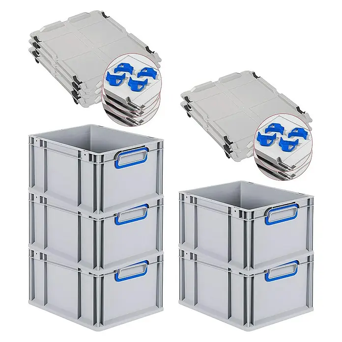 Proregal Euroboxen-Set 5x Eurobox NextGen Color mit Auflagedeckel und Schiebeschnappverschlüsse - L x B x H: 40 x 30 x 22 cm, Kunststoff, Grau, Blau, 5 Stk. - Stapelbare, graue Lagerkisten mit blauen Griffen und Deckel. Vielseitige Aufbewahrungslösung für Ordnung und effiziente Lagerung.