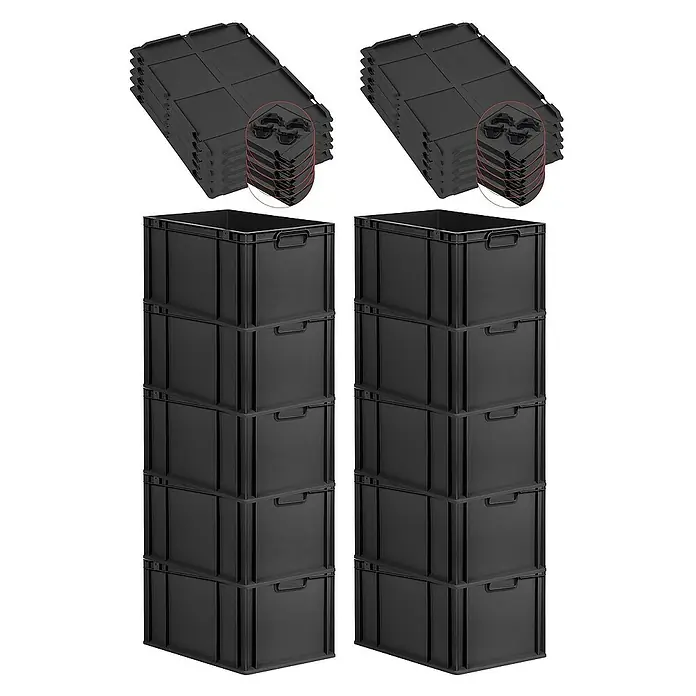 Proregal Euroboxen-Set 10x Eurobox NextGen Grip mit Auflagedeckel inkl. 4 schwarzen Verschlüssen - L x B x H: 60 x 40 x 32 cm, Kunststoff, Schwarz, 10 Stk. - Abgebildete sind stapelbare schwarze Kunststoffboxen und passende Deckel. Ideal für Lagerung und Organisation.