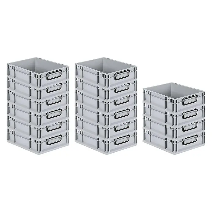 Proregal Euroboxen-Set 16x Eurobox NextGen Color - Kunststoff, Grau, Schwarz, 16 Stk. - Drei Stapel grauer Eurobehälter mit Griffen. Praktische, stabile Aufbewahrungslösung für verschiedene Anwendungen.