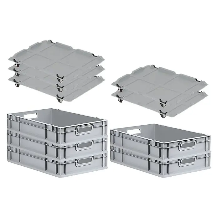 Proregal Euroboxen-Set 5x Eurobox NextGen Economy mit Auflagedeckel und 4x Verschlüsse Schwarz - Kunststoff, Grau, 5 Stk. - Abbildung von grauen Lagerbehältern und Transportrollern. Ideal für Lagerhaltung und Logistik, stapelbar und leicht zu transportieren.