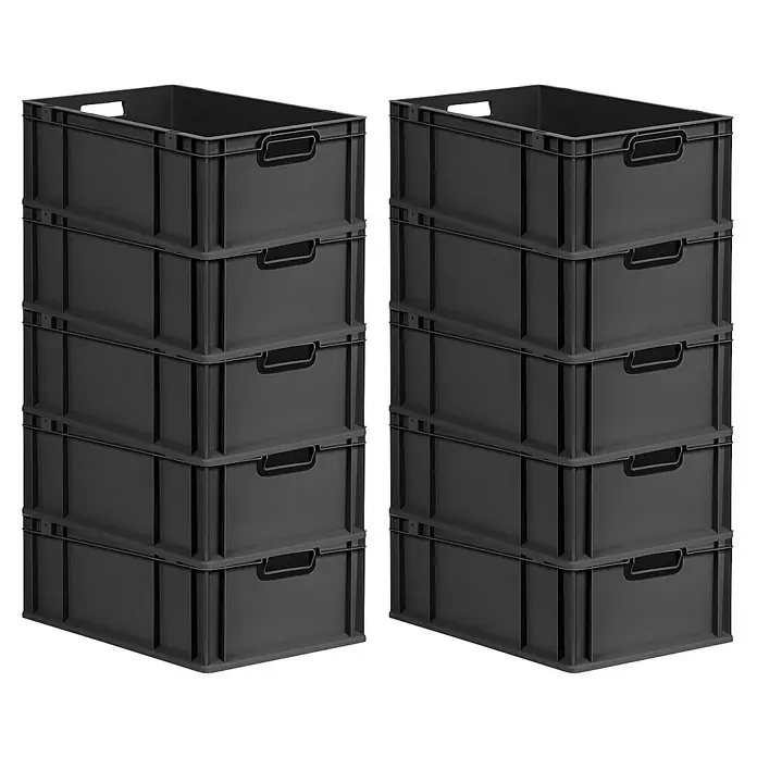 Proregal Euroboxen-Set 10x Eurobox NextGen Color - L x B x H: 60 x 40 x 22 cm, Kunststoff, Schwarz, Schwarz, 10 Stk. - Zwei Stapel grauer Kunststoffkisten, die sich ideal zur Organisation und Aufbewahrung von Gegenständen eignen. Praktisch für Lagerung und Transport.
