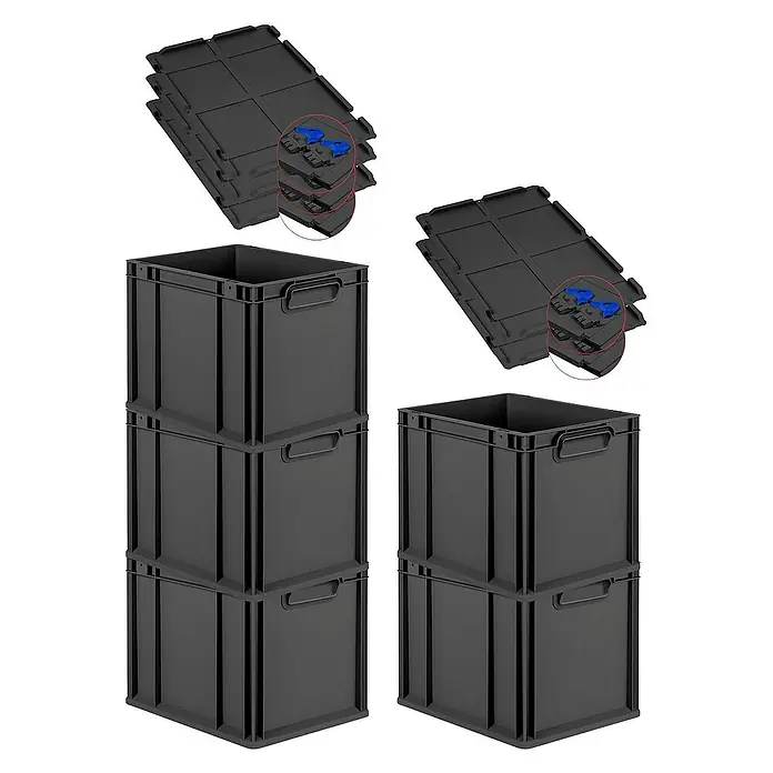 Proregal Euroboxen-Set 5x Eurobox NextGen Grip mit Scharnierdeckel und blauen Verschlüssen - L x B x H: 40 x 30 x 32 cm, Kunststoff, Schwarz, 5 Stk. - Schwarze Lagerboxen mit Deckeln, gestapelt und bereit zur Aufbewahrung. Ideal für Ordnung und Transport.