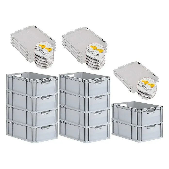 Proregal Euroboxen-Set 10x Eurobox NextGen Grip mit Scharnierdeckel und gelben Verschlüssen - L x B x H: 60 x 40 x 22 cm, Kunststoff, Grau, 10 Stk. - Abbildung von grauen Kunststoffbehältern und Deckeln, die sich ideal für Lagerung und Organisation eignen.
