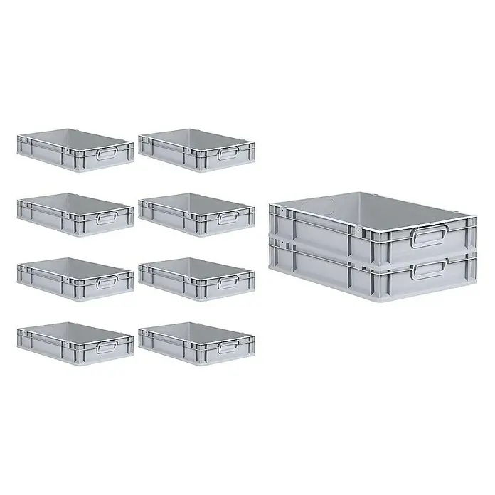 Proregal Euroboxen-Set 10x Eurobox NextGen Economy mit Scharnierdeckel und blauen Verschlüssen - L x B x H: 60 x 40 x 12 cm, Kunststoff, Grau, 10 Stk. - Graue Kunststoffbehälter: Acht einzelne und ein Stapel von zwei, ideal für Lagerung und Organisation. Robuste Ausführung für vielfältige Einsatzbereiche.
