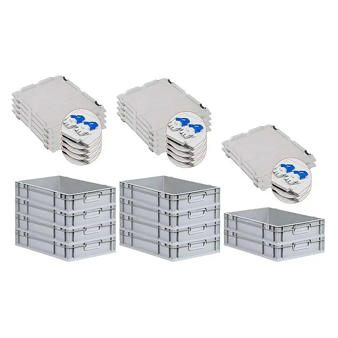 Proregal Euroboxen-Set 10x Eurobox NextGen Economy mit Scharnierdeckel und blauen Verschlüssen - L x B x H: 60 x 40 x 12 cm, Kunststoff, Grau, 10 Stk. - Gestapelte Eurobehälter und Deckel. Robuste Kunststoffbehälter und Deckel für Lagerung und Transport von Waren.