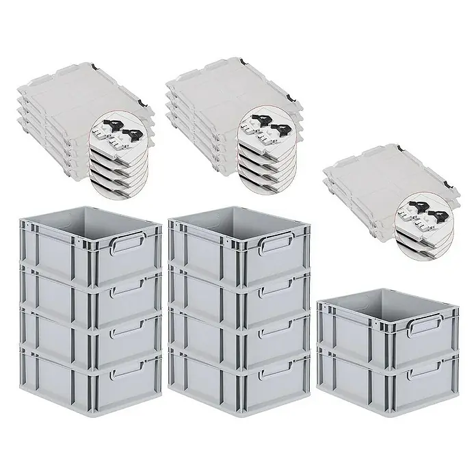 Proregal Euroboxen-Set 10x Eurobox NextGen Economy mit Scharnierdeckel und schwarzen Verschlüssen - L x B x H: 40 x 30 x 17 cm, Kunststoff, Grau, 10 Stk. - Bild von grauen Eurobehältern und passenden Deckeln. Die Behälter sind gestapelt, die Deckel liegen separat mit montierten Scharnieren bereit.
