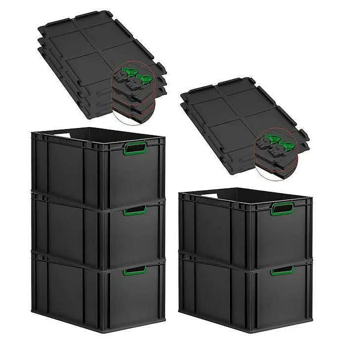 SuperSparSet 5x Eurobox NextGen Color mit Scharnierdeckel und Schiebeschnappverschlüssen | HxBxT 32x40x60cm | 65 Liter | Schwarz | Griffe grün offen | Verstärkter Boden | Eurobehälter, Transportbox, Transportbehälter, Stapelbehälter -  - Bild zeigt schwarze Kunststoffboxen und passende Deckel mit grünen Details, die für Lagerung und Organisation ideal sind.