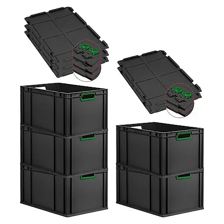 SuperSparSet 5x Eurobox NextGen Color mit Scharnierdeckel und Schiebeschnappverschlüssen | HxBxT 32x40x60cm | 65 Liter | Schwarz | Griffe grün offen | Verstärkter Boden | Eurobehälter, Transportbox, Transportbehälter, Stapelbehälter