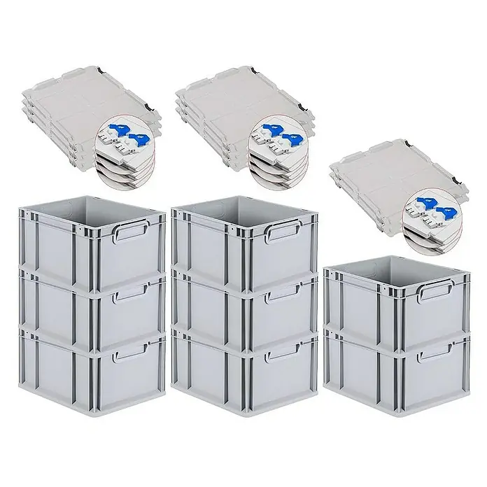 Proregal Euroboxen-Set 8x Eurobox NextGen Economy mit Scharnierdeckel und blauen Verschlüssen - L x B x H: 40 x 30 x 22 cm, Kunststoff, Grau, 8 Stk. - Stapelbare graue Lagerboxen mit Deckeln, ideal zur Aufbewahrung und Organisation von Gegenständen im Lager oder Büro. Praktisch und platzsparend.