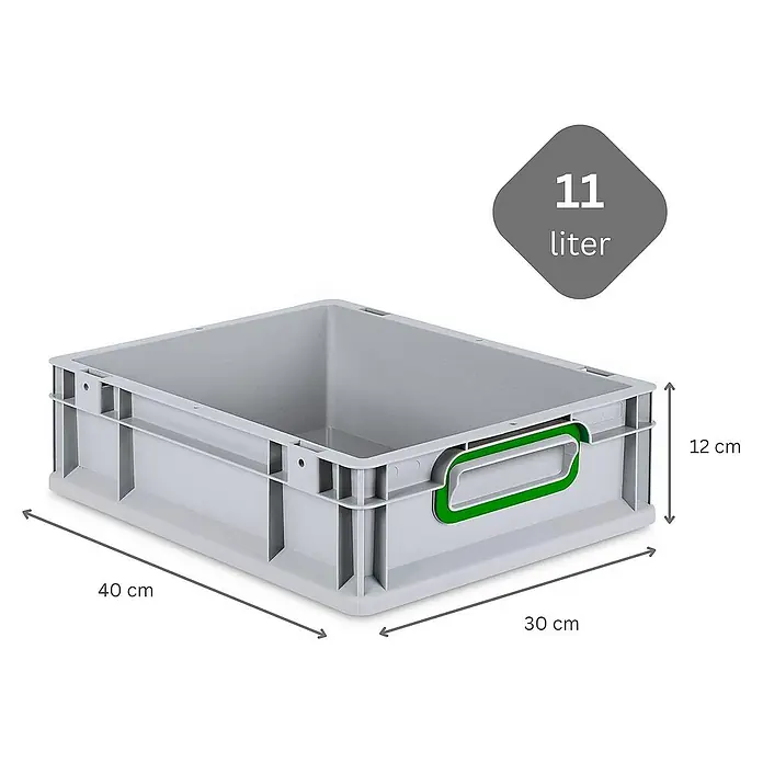Proregal Euroboxen-Set 10x Eurobox NextGen Color mit Auflagedeckel und Schiebeschnappverschlüsse - Kunststoff, Grau, Grün, 10 Stk. - Graue Kunststoffbox mit den Maßen 40x30x12 cm und einem Volumen von 11 Litern. Perfekt für Lagerung und Transport.