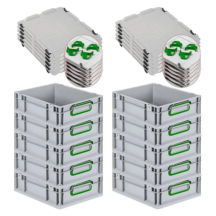 Proregal Euroboxen-Set 10x Eurobox NextGen Color mit Auflagedeckel und Schiebeschnappverschlüsse - Kunststoff, Grau, Grün, 10 Stk. - Ein Set aus grauen Kunststoffbehältern mit grünen Griffen und passenden Deckeln, ideal für Lagerung und Organisation.