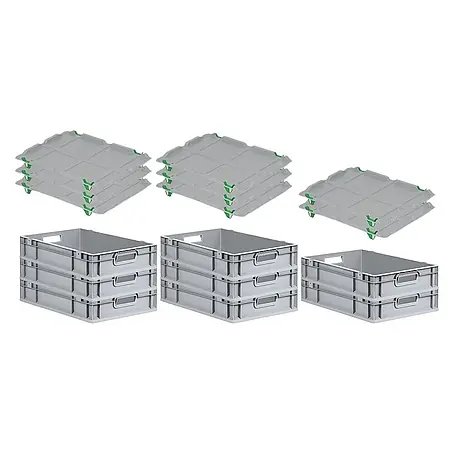 SuperSparSet 8x Eurobox NextGen Grip mit Auflagedeckel inkl. 4 grünen Schiebeschnappverschlüssen | HxBxT 12x40x60cm | 23 Liter | Grau | Griffe offen | Glatter Boden | Eurobehälter, Transportbox, Transportbehälter, Stapelbehälter