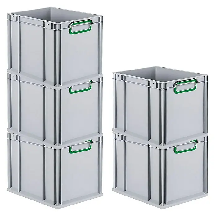 Proregal Euroboxen-Set 10x Eurobox NextGen Color - L x B x H: 40 x 30 x 32 cm, Kunststoff, Grau, Grün, 10 Stk. - Graue Kunststoffbehälter mit grünen Griffen, gestapelt in zwei Gruppen.